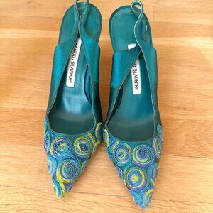 RARE Manolo Blahnik Satin Embroidered Slingback Heels